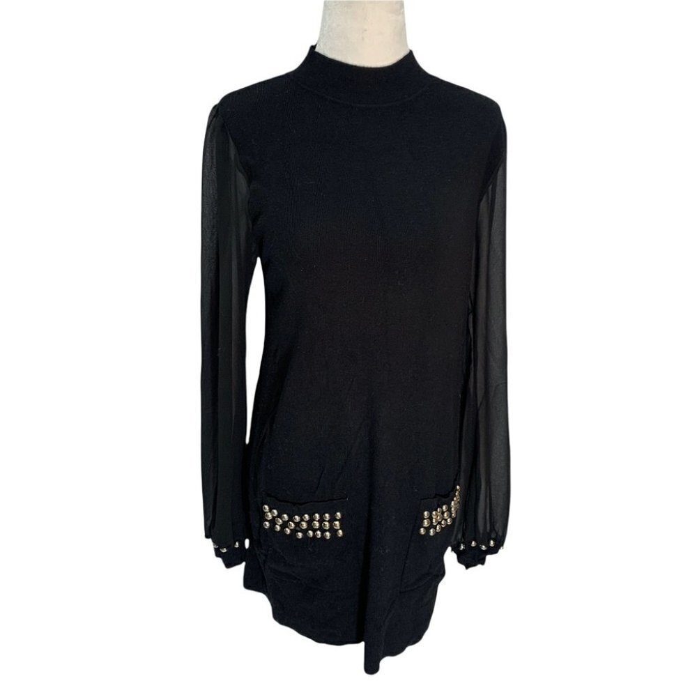 Inc Black Tunic Sweater Dress Sheer Sleeves Mock Turtleneck Front Pocket…